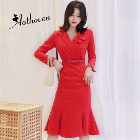 2018 Autumn Top Quality Mermaid Dress Women Red Notched Collar Long