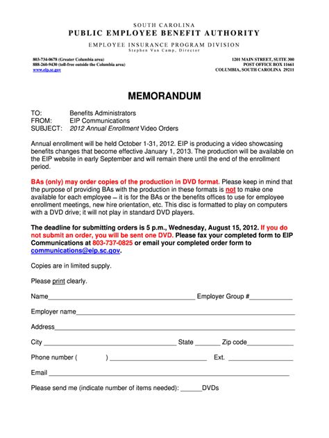 Fillable Online Eip Sc Memorandum South Carolina Public Employee