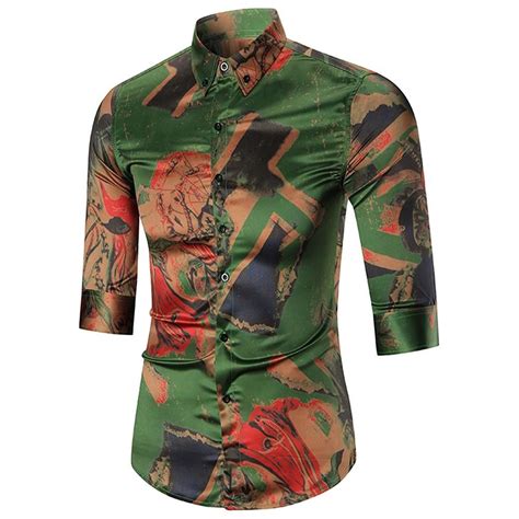 Army Green Button Down Abstract Printed Men Shirt Tops 5826 2xl