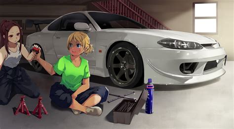 Safebooru Girls D Blonde Hair Brown Eyes Brown Hair Can Car Closed Mouth Collarbone Day