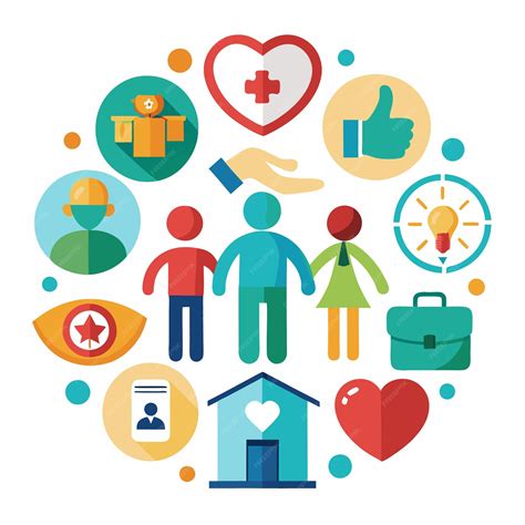 Colorful icons around a group of people in a house representing