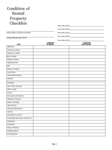 Condition Of Rental Property Checklist Item Condition On Arrival Condition On Departure Pdf