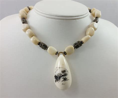 Vintage Scrimshaw Teardrop Pendant Necklace w/ Faux Ivory Lucite/Celluloid & Sterling Silver ...