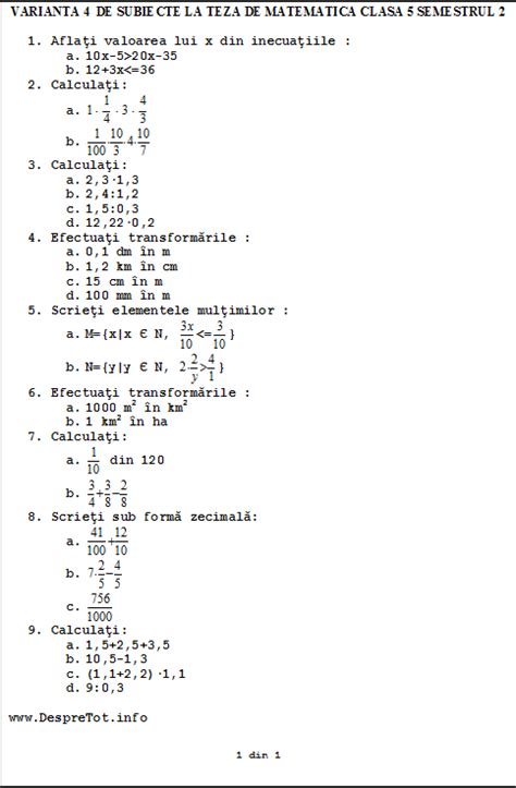 Teza Matematica Clasa 5 Sem 2 Varianta 4