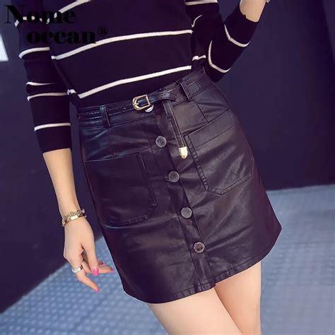 Sexy Button Up Front Faux Leather Skirts For Women Double Pockets Pencil Skirt With Belt 2018