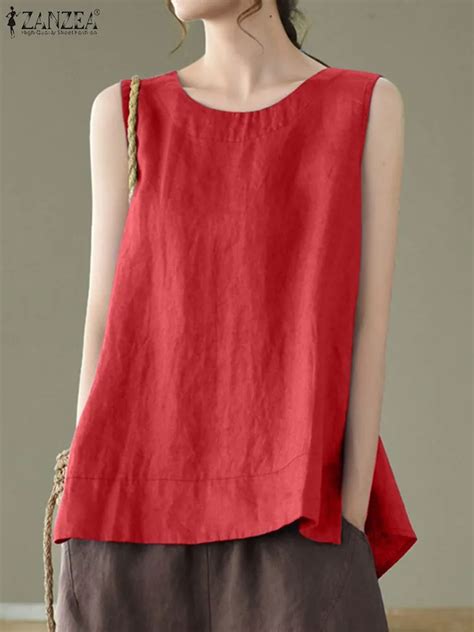 ZANZEA Blusa Sin Mangas Con Cuello Redondo Para Mujer Tops Sin Mangas