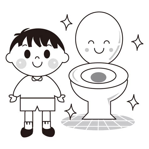 トイレの水を流す子供のかわいいイラスト画像素材（無料、フリー）