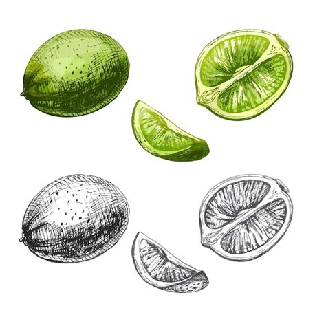 Premium Vector Lime Slice And Whole Vector Vintage Hatching Color