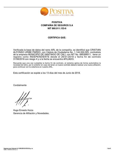 Certificado De ARL Positiva Descargar E Imprimir El Certificado AYUDA