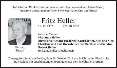 Traueranzeigen Von Fritz Heller Trauer Merkur De