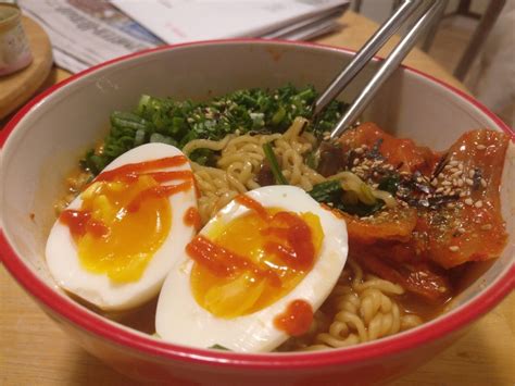 Shin Ramyun With Veggies Kimchi And A Soft Boiled Egg