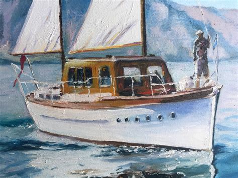 White Sailboat Original Oil Painting Sea Sailing Boat Artwork Etsy