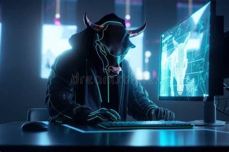 Bull Trading With Computer With Graph On Screen Bullish In Stock