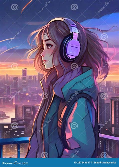 Anime Girl With Headphones And Jacket Finds Tranquility On Rooftop Generative Ai Stock