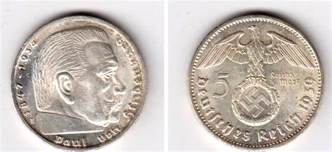 Drittes Reich 1939 E 5 Mark Hindenburg Mit Hakenkreuz F St Rf MA Shops