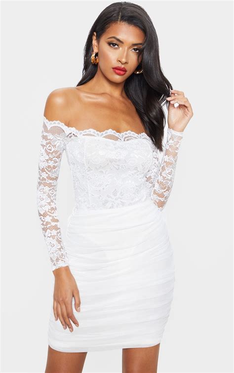 White Lace Bardot Bodysuit Tops Prettylittlething