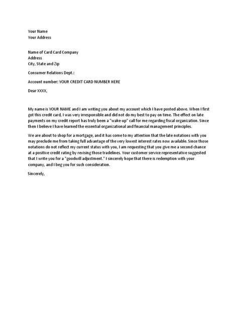 Credit Card Late Payment Removal Letter