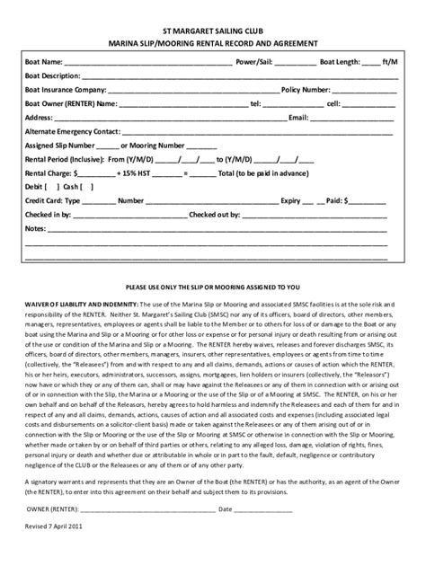 Fillable Online Marina Slip And Mooring Rental Record And Agreement Fax