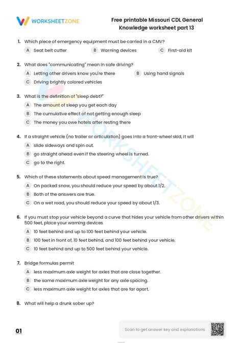 Free Printable Missouri Cdl General Knowledge Worksheet Part