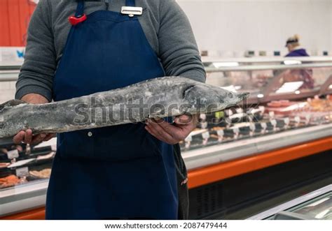 Male Fishmonger Fish Market Worker Holding Stock Photo