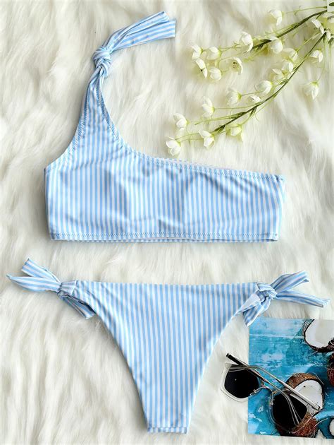 Gameit One Shoulder Knot Bikini Set Women 2018 Striped Brazillian Swimsuit Blue Sexy Swimwear