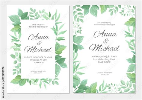 Wedding invitation with green leaves border. Floral invite modern card ...