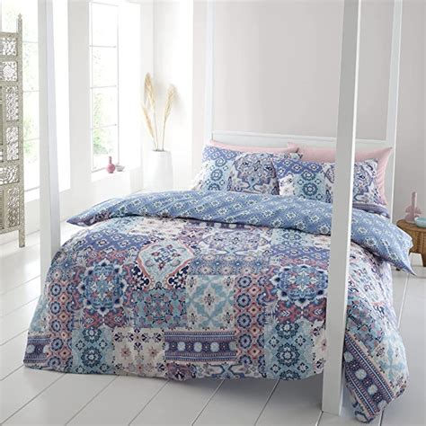 Catherine Lansfield Bedding Boho Patchwork King Duvet Cover Set With Pillowcases Blue Amazon