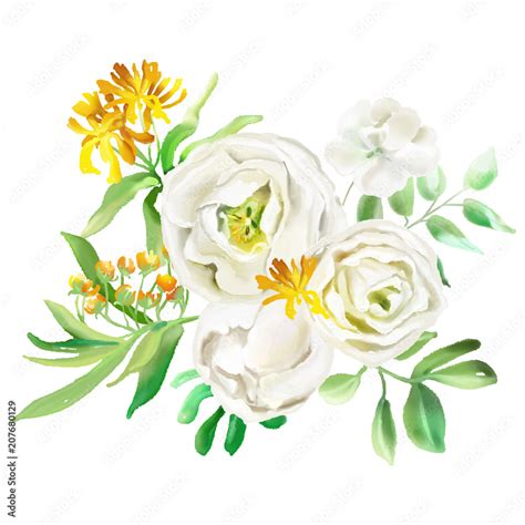 Beautiful watercolor flowers, floral bouquets, wreaths. Yellow flowers ...