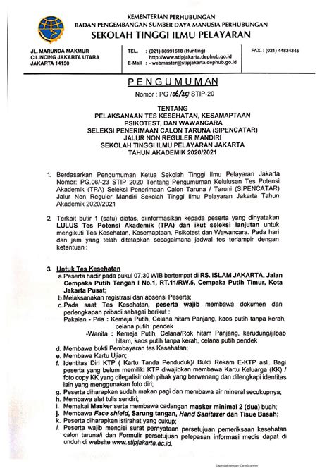 Pengumuman Pelaksanaan Tes Kesehatan Kesamaptaan Psikotes Dan