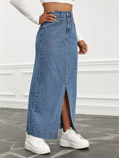 SHEIN EZwear Eenkleurig Denim Rok Knoop Zak Rits SHEIN Nederland