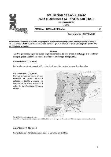 Examen De Historia De España Ebau De Canarias Convocatoria