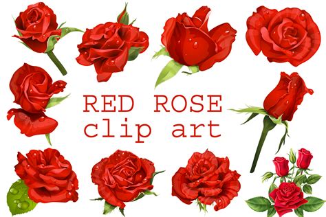 10 Red Rose Clipart, Flower Clip Art, Floral Printable, PNG files ...