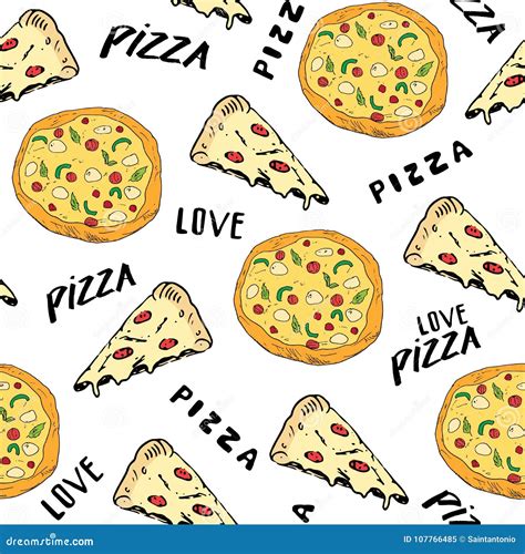 Pizza Seamless Pattern Hand Drawn Sketch Pizza Slice Doodles And Words