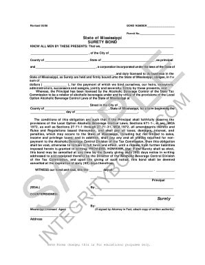 Fillable Online Mississippi Liquor Bond Form Integrity Surety Bonds