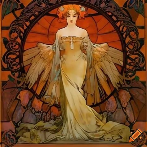 Alphonse Mucha Inspired Artwork Of Two Angels With Large Wings Sitting