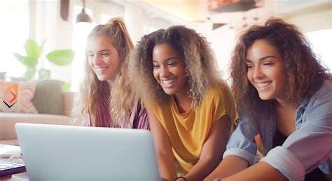 Grupo de meninas de diferentes raças sorrindo e usando um computador