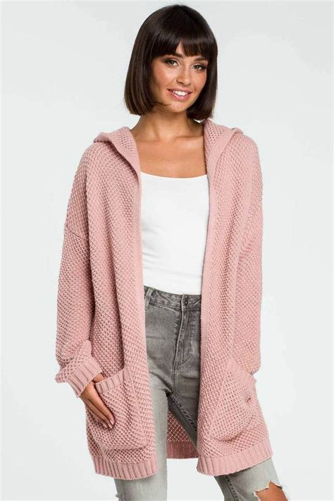 Pink Waffle Hooded Cardigan Knitting Women Cardigan Hooded Knit