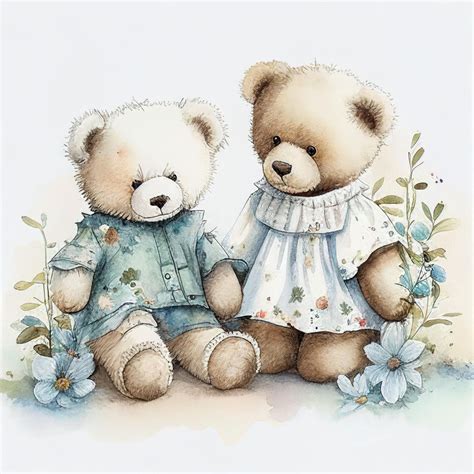 Premium Photo Illustration Two Teddy Bear Sitting Together In Flower