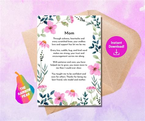 Printable Mothers Day Poem Floral Greeting Card for Mom - Etsy