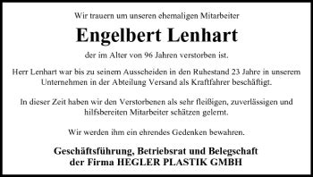 Engelbert Lenhart Traueranzeige Trauer InFranken De