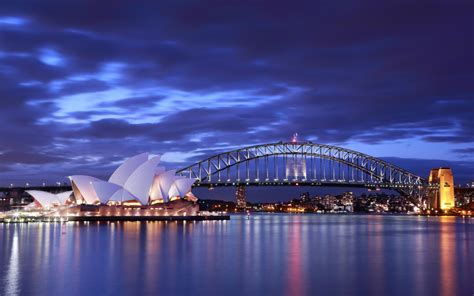 Australia Sydney Opera House Bridge Evening Lights Buildings