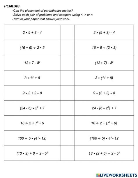 Pemdas Do Parentheses Matter Worksheet Live Worksheets