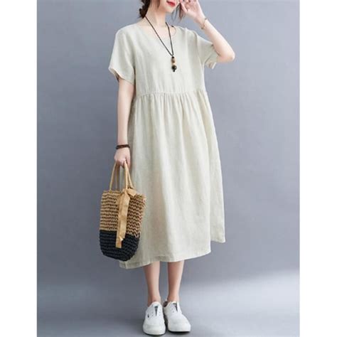 Femme Robe D T Lin En Coton Ample Chic D Contract E Robe Longue Blanc