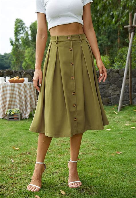 HERBATOMIA Pleated A Line Midi Skirt Elastic Waist Button Front Casual