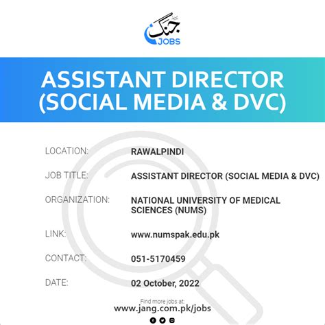 Assistant Director Social Media And Dvc Job National University Of Medical Sciences Nums