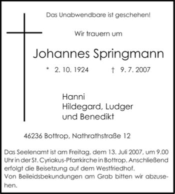 Traueranzeigen Von Johannes Springmann Trauer In NRW De