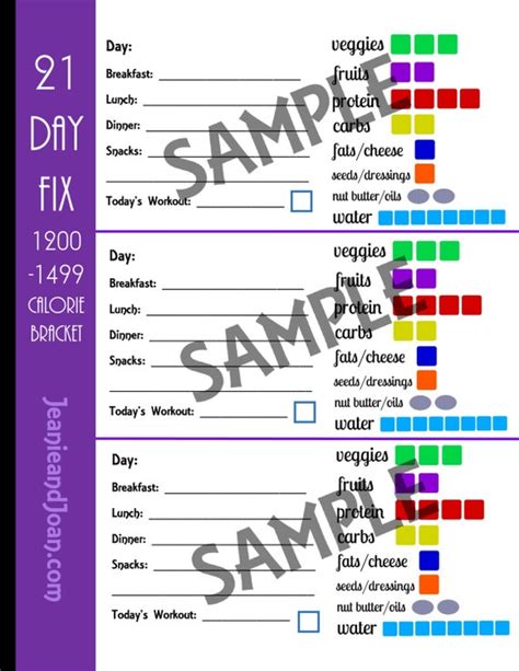 21 Day Fix Printable 1200 1499 Calorie By 21dayfixworksheets