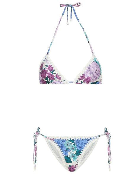 Zimmermann Crochet Trimmed Floral Print Triangle Bikini In Blue Lyst