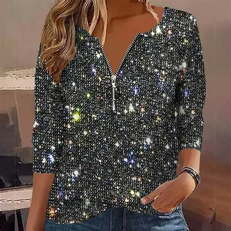 Womens Sequin Tops Spring And Autumn Solid Color Sequin Long Sleeved