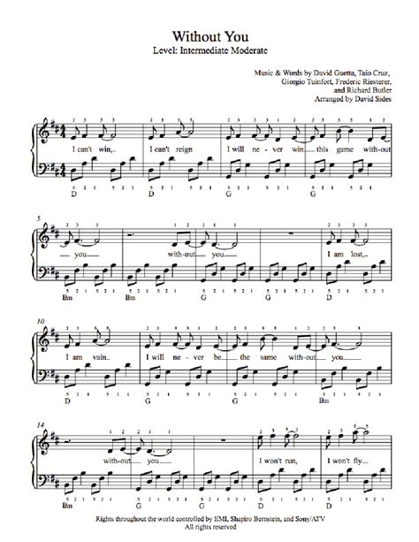 Without You by David Guetta Piano Sheet Music | Intermediate Level